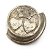 Silver colour round cufflink. Part of the rim missing. Heavily scratched and marked. Raised design of two hearts below a crown. 