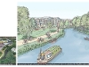 An illustration of a concept vision of what Woodbridge Meadows could look like. Next to it is a photo of the existing view of the railway looking north.