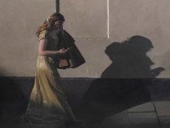 Painting of a lady walking in a yellow dress down a street